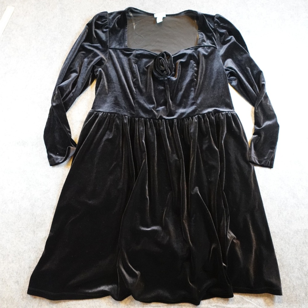Ava Viv Dress Women 2X Black Velvet Long Sleeve Rosette Square Neck Babydoll